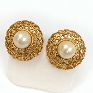 Vintage Oversized Glamorous Gold + Pearl  Clip Ons